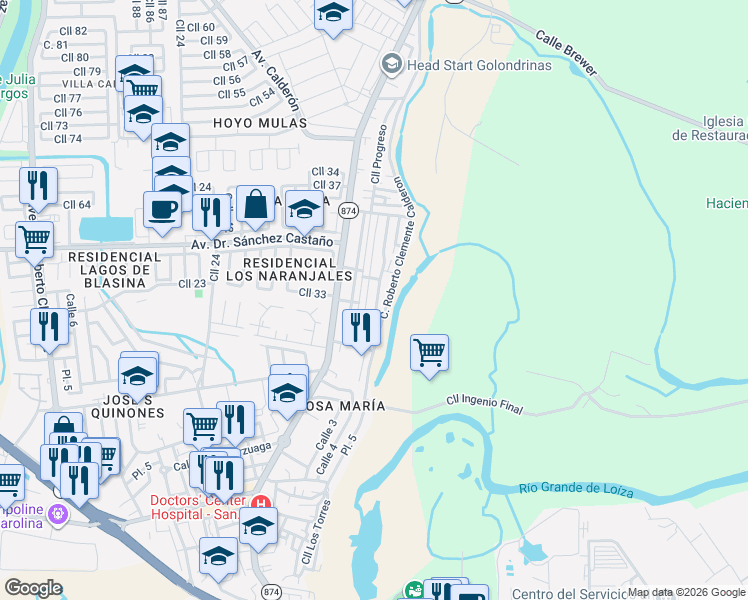 map of restaurants, bars, coffee shops, grocery stores, and more near Calle San Jorge in Carolina