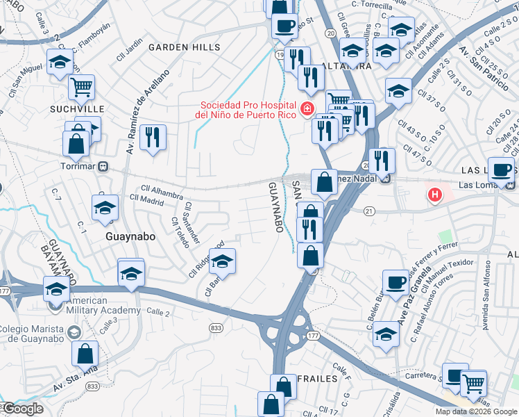 map of restaurants, bars, coffee shops, grocery stores, and more near Calle Calistemon in Guaynabo