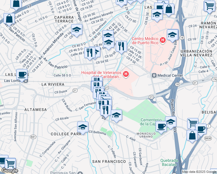 map of restaurants, bars, coffee shops, grocery stores, and more near Highway 21 in San Juan