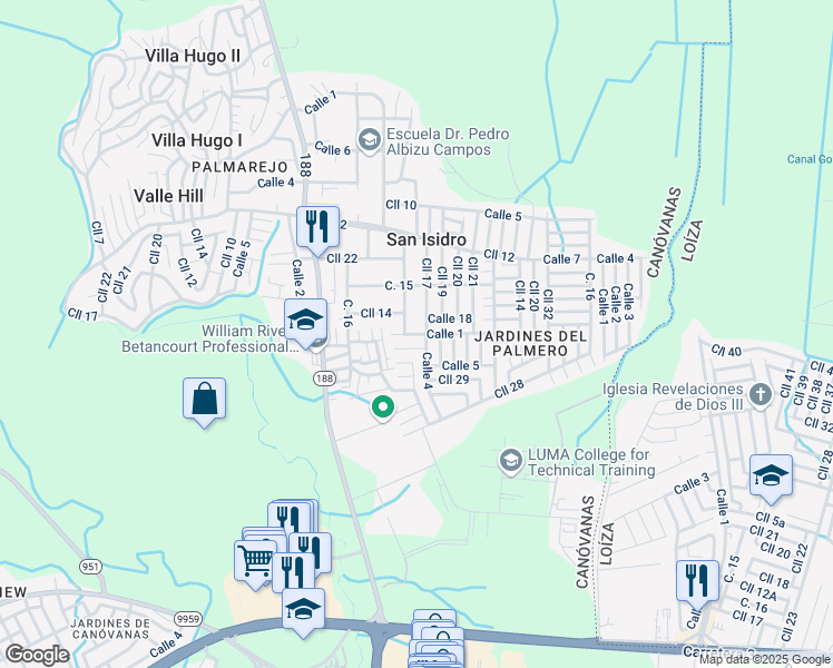 map of restaurants, bars, coffee shops, grocery stores, and more near Calle 19 in Canóvanas
