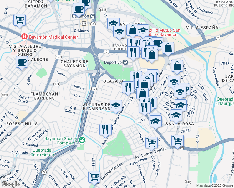 map of restaurants, bars, coffee shops, grocery stores, and more near in Bayamón