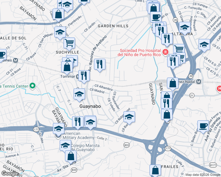 map of restaurants, bars, coffee shops, grocery stores, and more near 100-198 Calle Alhambra in Guaynabo