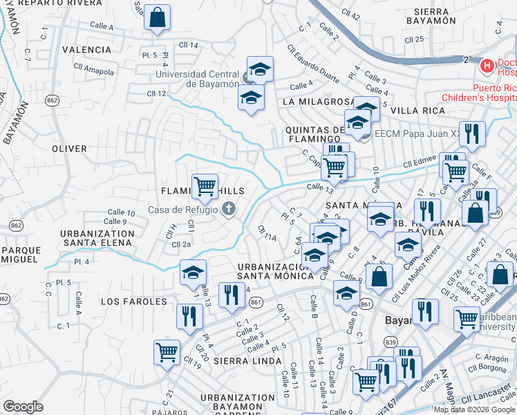 map of restaurants, bars, coffee shops, grocery stores, and more near Calle 11A in Bayamón