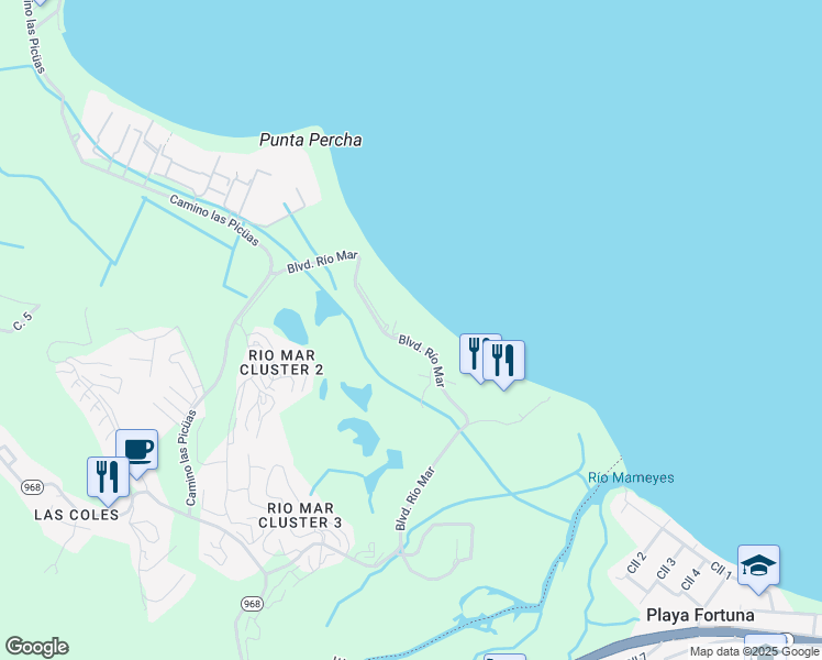 map of restaurants, bars, coffee shops, grocery stores, and more near 6000 Boulevard Río Mar in Río Grande