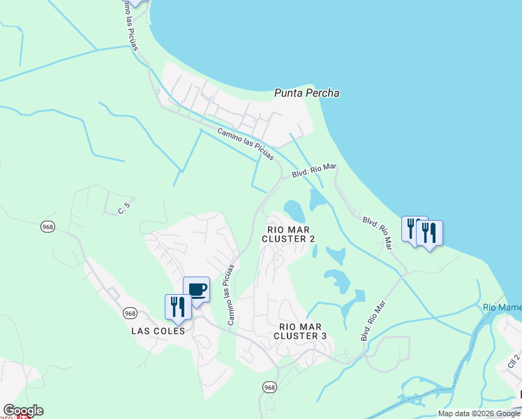 map of restaurants, bars, coffee shops, grocery stores, and more near Calle Las Colinas in Rio Grande