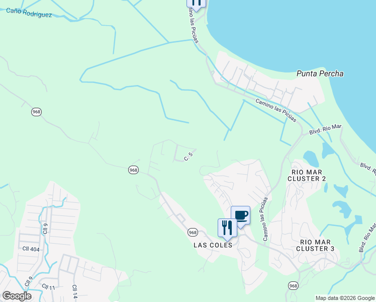 map of restaurants, bars, coffee shops, grocery stores, and more near Calle Principal in Río Grande
