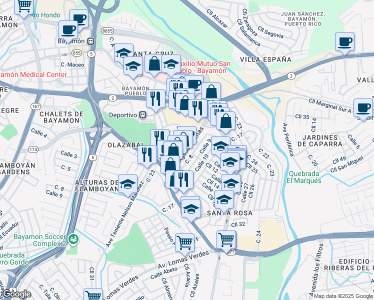 map of restaurants, bars, coffee shops, grocery stores, and more near Avenida Aguas Buenas in Bayamón