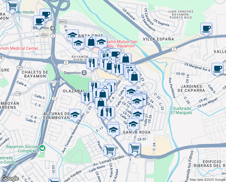 map of restaurants, bars, coffee shops, grocery stores, and more near Avenida Aguas Buenas in Bayamón