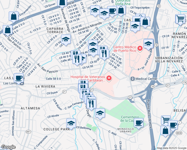 map of restaurants, bars, coffee shops, grocery stores, and more near in San Juan