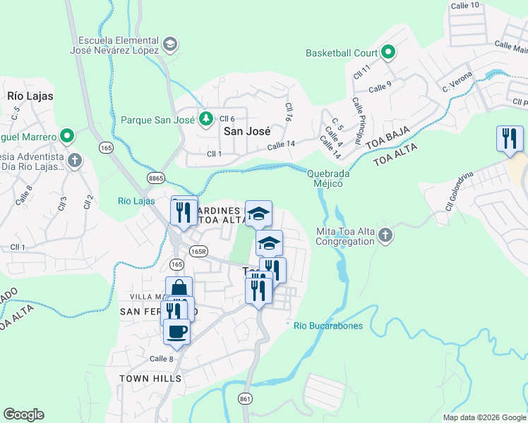 map of restaurants, bars, coffee shops, grocery stores, and more near 142 Calle 1 in Toa Alta