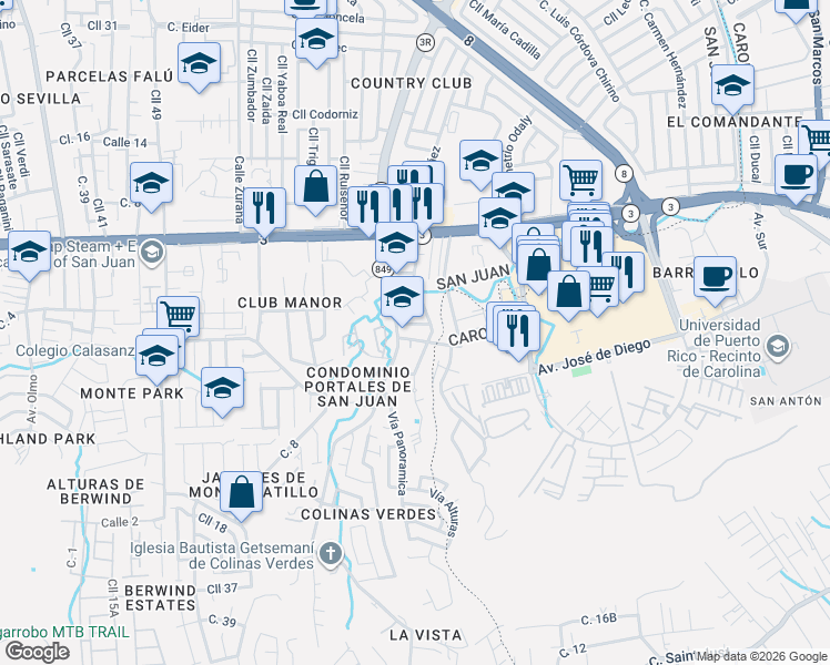 map of restaurants, bars, coffee shops, grocery stores, and more near in San Juan