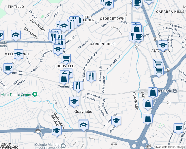 map of restaurants, bars, coffee shops, grocery stores, and more near 9 Calle Palma Sola in Guaynabo