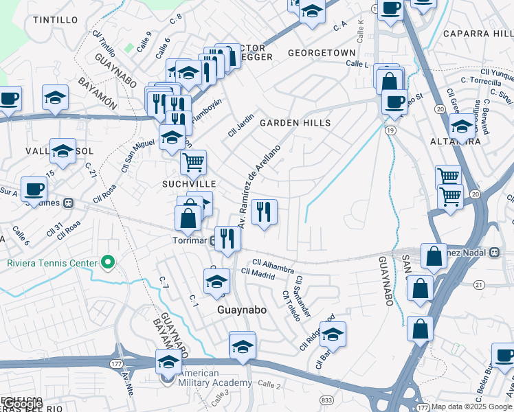 map of restaurants, bars, coffee shops, grocery stores, and more near Calle Miramonte in Guaynabo
