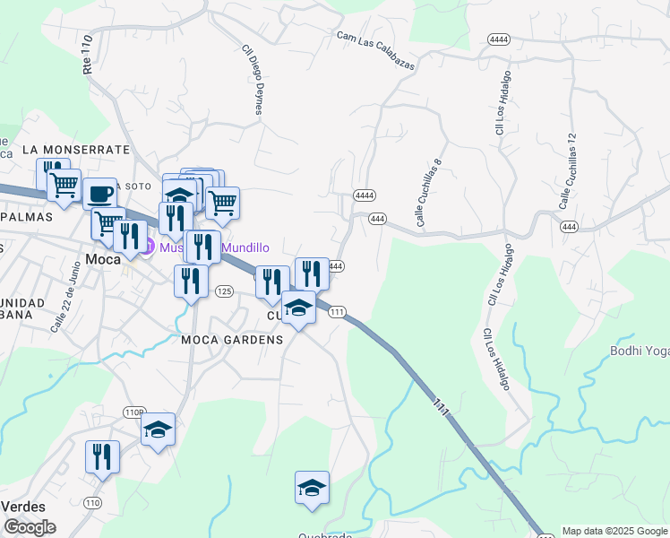 map of restaurants, bars, coffee shops, grocery stores, and more near Puerto Rico 444 in Moca