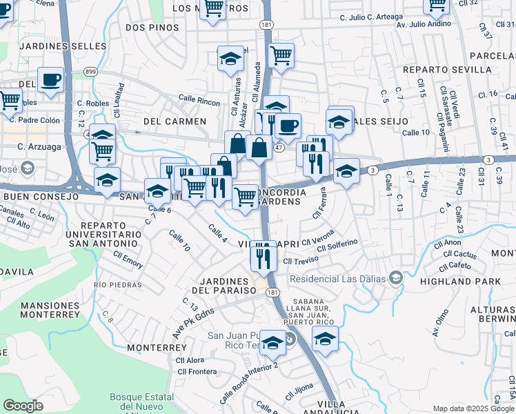 map of restaurants, bars, coffee shops, grocery stores, and more near 20 Urbanización River View in San Juan