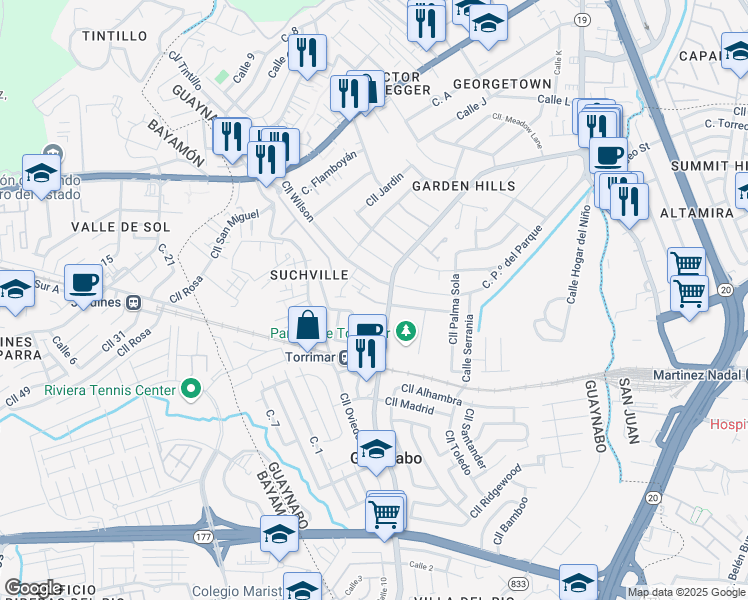 map of restaurants, bars, coffee shops, grocery stores, and more near Calle Miramonte in Guaynabo