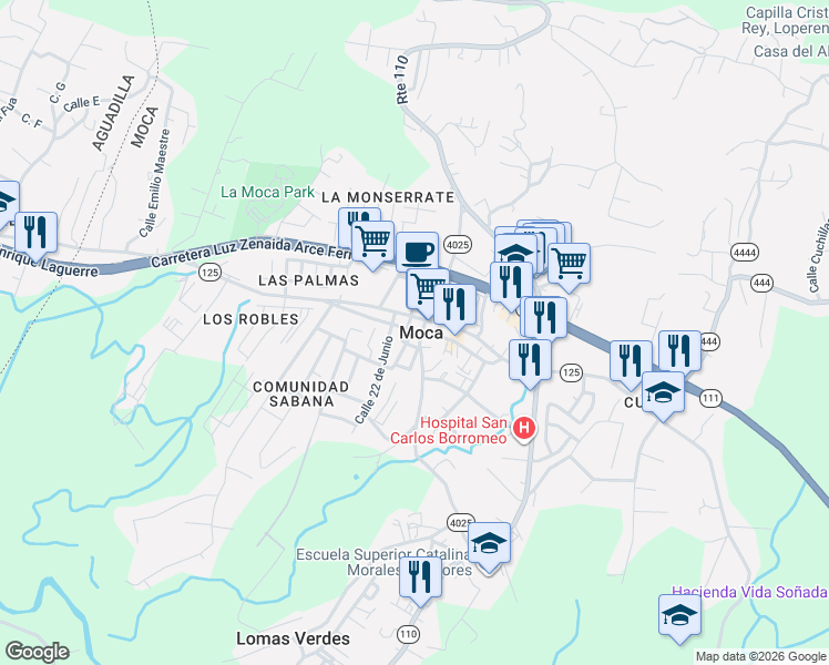 map of restaurants, bars, coffee shops, grocery stores, and more near 172 Calle Don Chemary in Moca