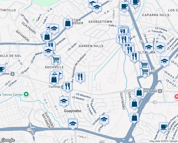 map of restaurants, bars, coffee shops, grocery stores, and more near Calle Palma Sola in Guaynabo