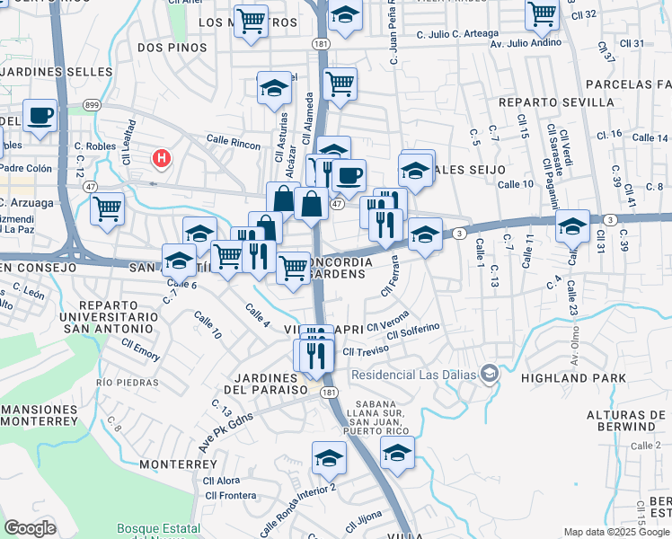 map of restaurants, bars, coffee shops, grocery stores, and more near in San Juan