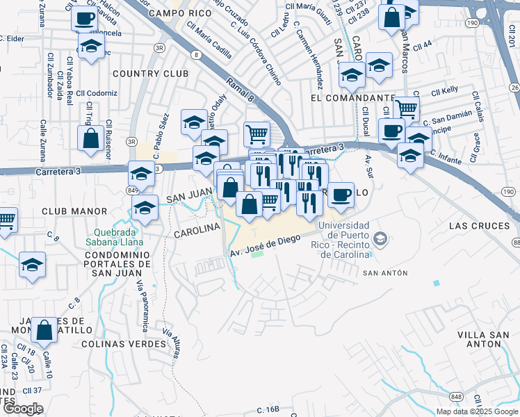 map of restaurants, bars, coffee shops, grocery stores, and more near Avenida Iturregui in Carolina