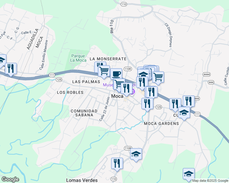 map of restaurants, bars, coffee shops, grocery stores, and more near 125 in Moca
