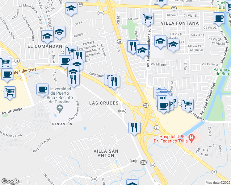 map of restaurants, bars, coffee shops, grocery stores, and more near Interstate PR3 in Carolina