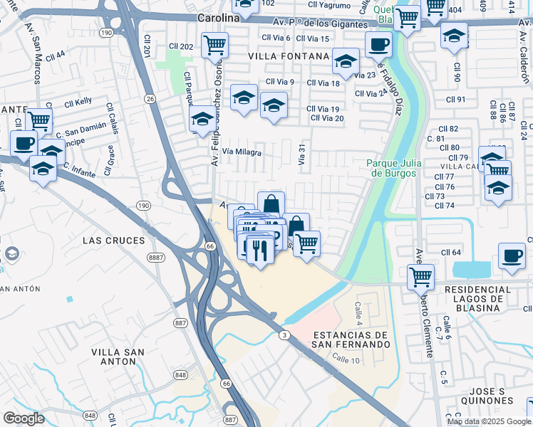 map of restaurants, bars, coffee shops, grocery stores, and more near Calle Via 54 in Carolina