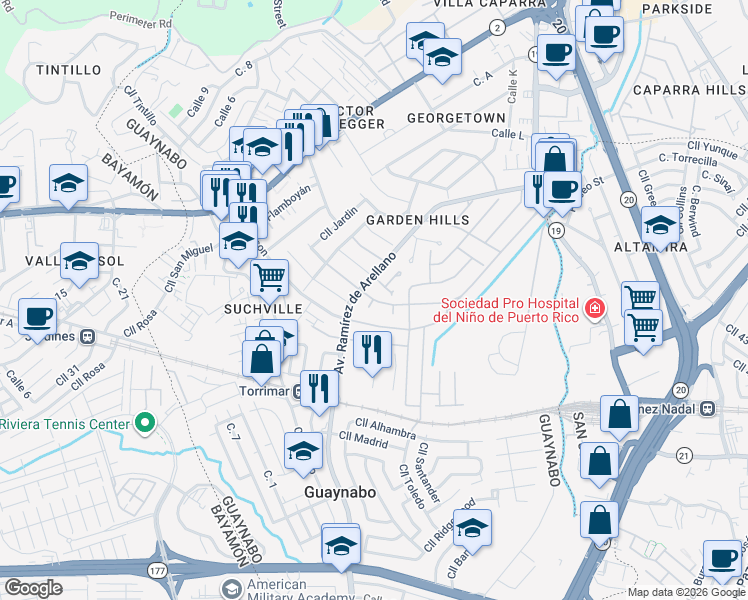 map of restaurants, bars, coffee shops, grocery stores, and more near Calle Monte Bello in Guaynabo