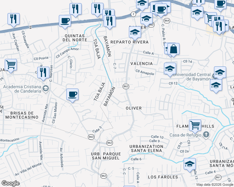 map of restaurants, bars, coffee shops, grocery stores, and more near 27 Calle 2 in Bayamón