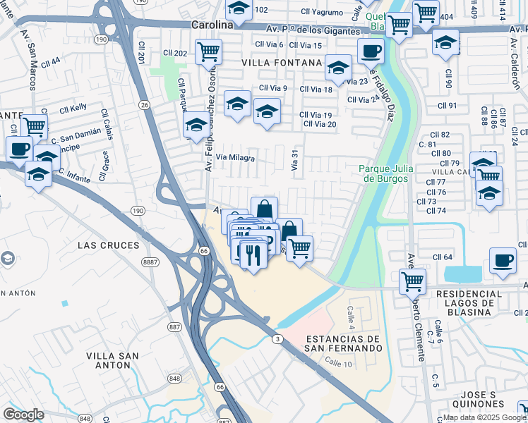 map of restaurants, bars, coffee shops, grocery stores, and more near Calle Via 54 in Carolina