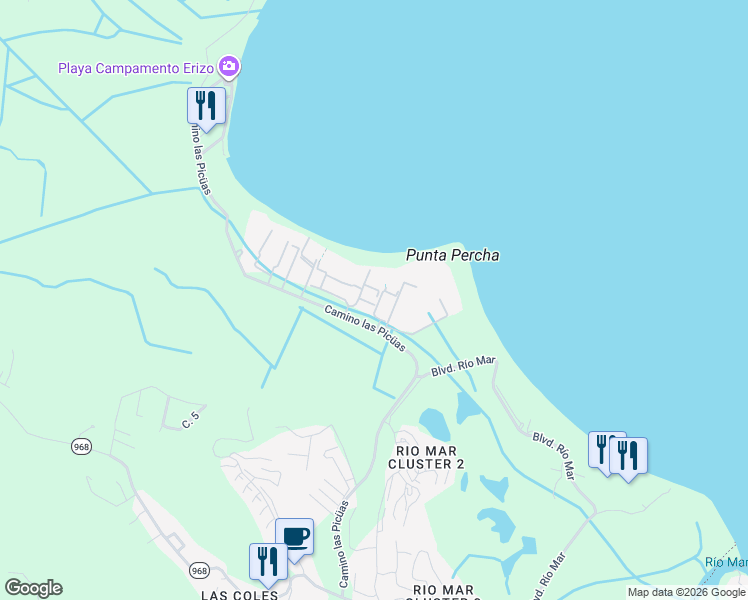 map of restaurants, bars, coffee shops, grocery stores, and more near Camino Las Picüas in Río Grande