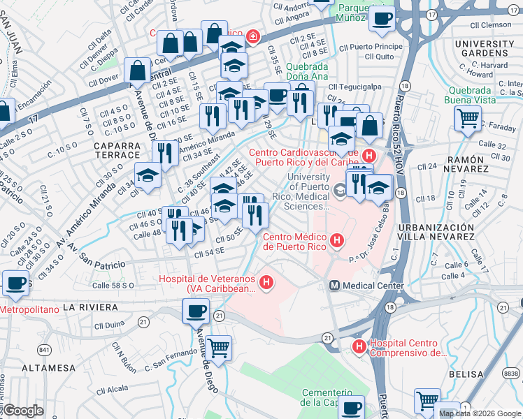 map of restaurants, bars, coffee shops, grocery stores, and more near 994 Cll 15 Southeast in San Juan