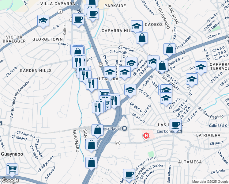 map of restaurants, bars, coffee shops, grocery stores, and more near 651 Calle Hillside in San Juan