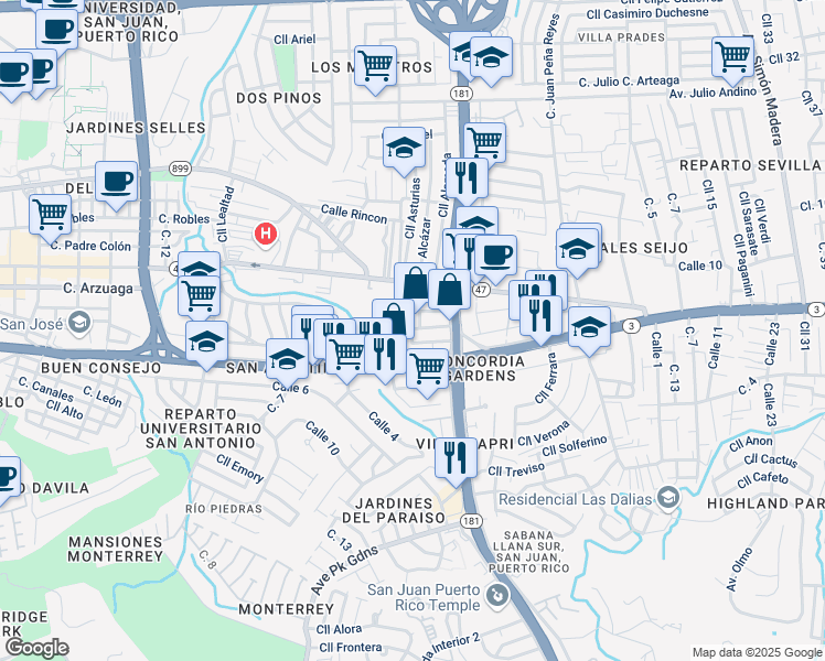 map of restaurants, bars, coffee shops, grocery stores, and more near 504 Calle Barranquitas in San Juan