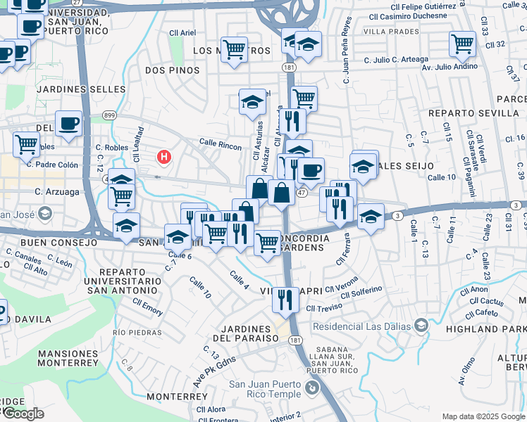 map of restaurants, bars, coffee shops, grocery stores, and more near 504 Calle Barranquitas in San Juan