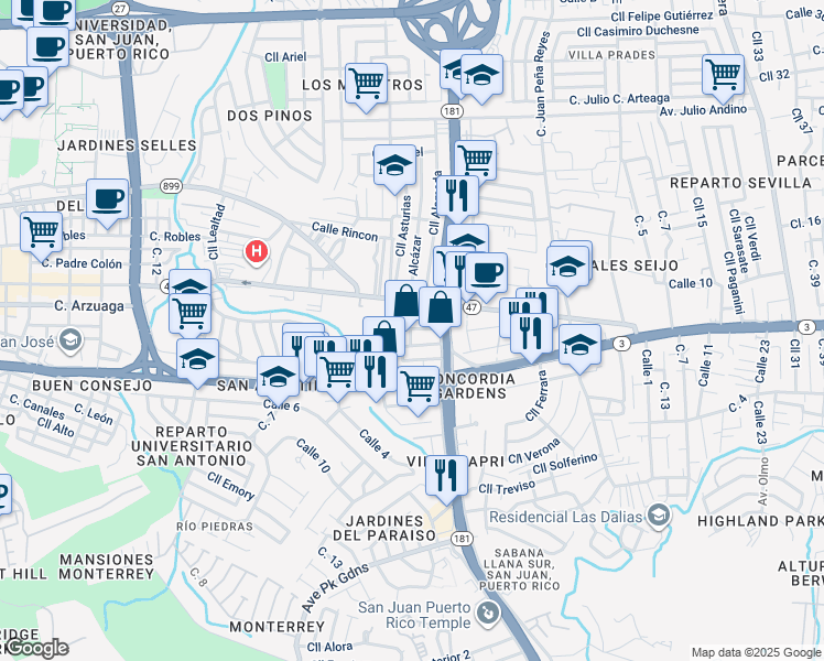 map of restaurants, bars, coffee shops, grocery stores, and more near 504 Calle Barranquitas in San Juan