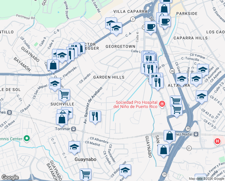 map of restaurants, bars, coffee shops, grocery stores, and more near Calle Atalaya in Guaynabo