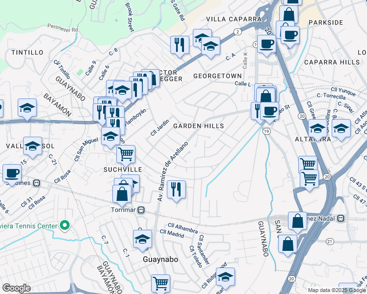map of restaurants, bars, coffee shops, grocery stores, and more near Calle Palma Sola in Guaynabo