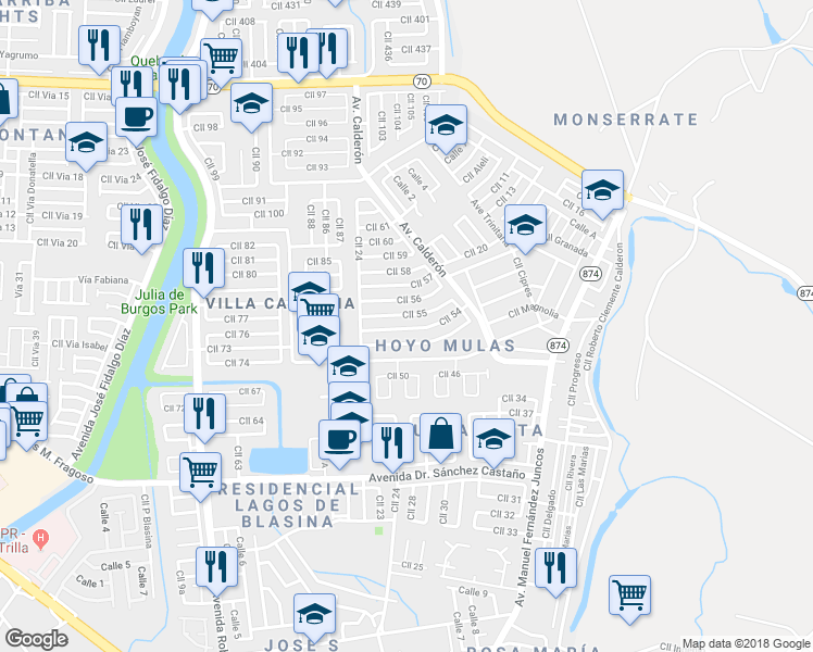 map of restaurants, bars, coffee shops, grocery stores, and more near 28 Calle 55 in Carolina