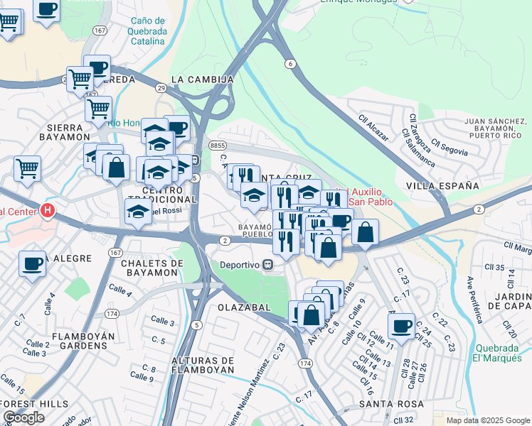 map of restaurants, bars, coffee shops, grocery stores, and more near 59 Calle Santa Cruz in Bayamón