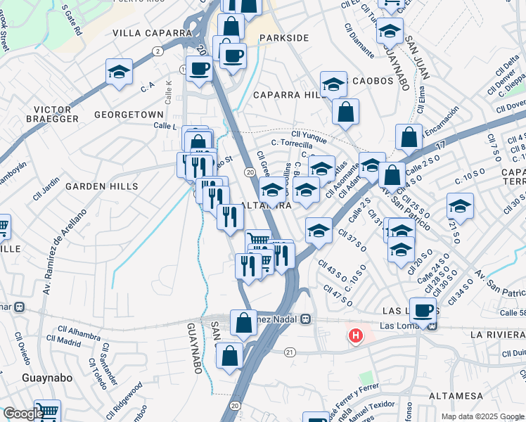 map of restaurants, bars, coffee shops, grocery stores, and more near 651 Calle Hillside in San Juan