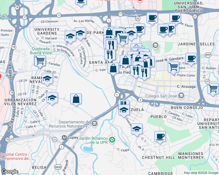 map of restaurants, bars, coffee shops, grocery stores, and more near Puerto Rico 1 in San Juan