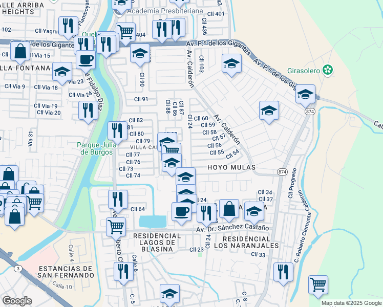map of restaurants, bars, coffee shops, grocery stores, and more near 28 Calle 55 in Carolina