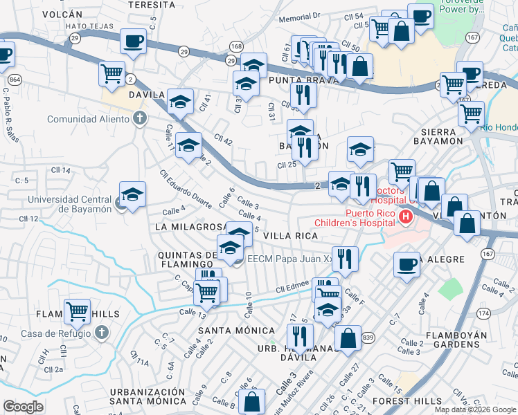 map of restaurants, bars, coffee shops, grocery stores, and more near A11 Calle 2 in Bayamón