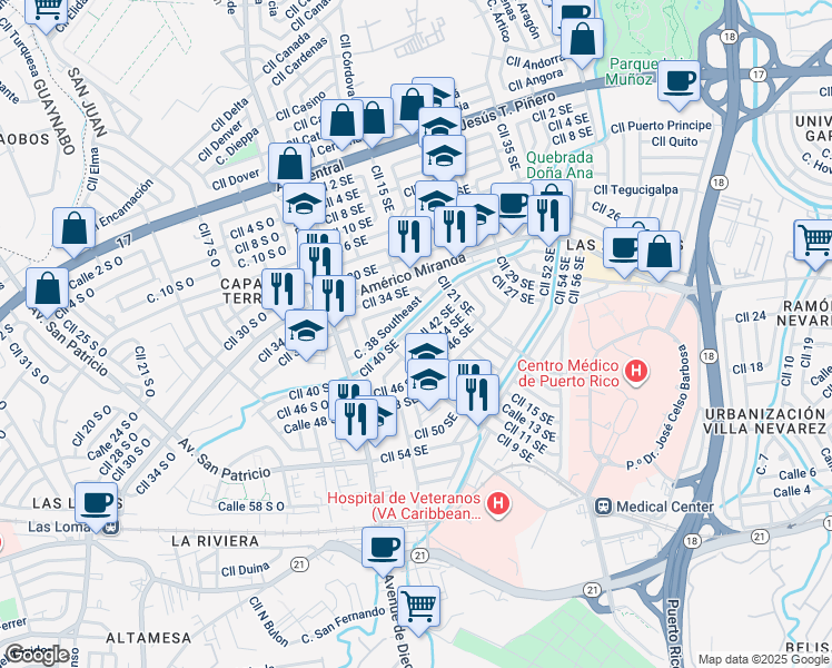 map of restaurants, bars, coffee shops, grocery stores, and more near in San Juan