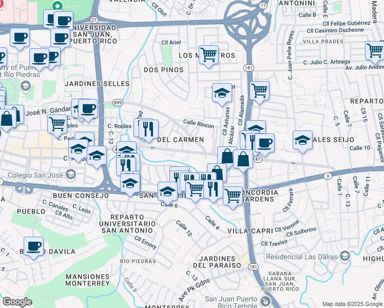 map of restaurants, bars, coffee shops, grocery stores, and more near in San Juan
