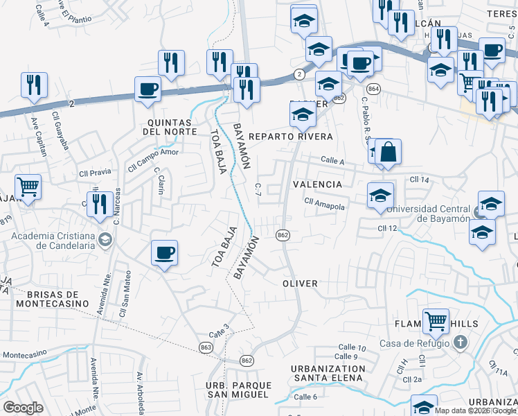 map of restaurants, bars, coffee shops, grocery stores, and more near 27 Calle 2 in Bayamón