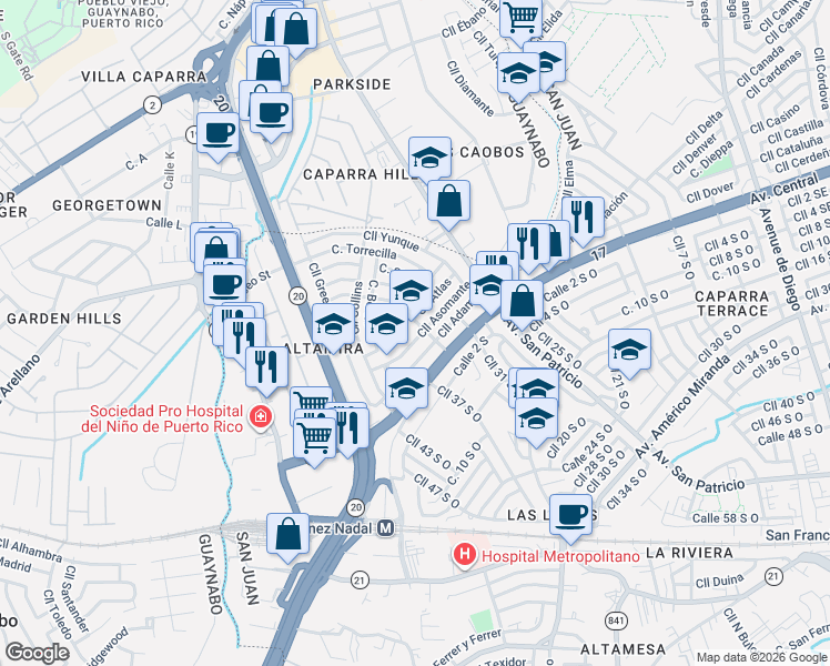 map of restaurants, bars, coffee shops, grocery stores, and more near Calle Olimpic in San Juan