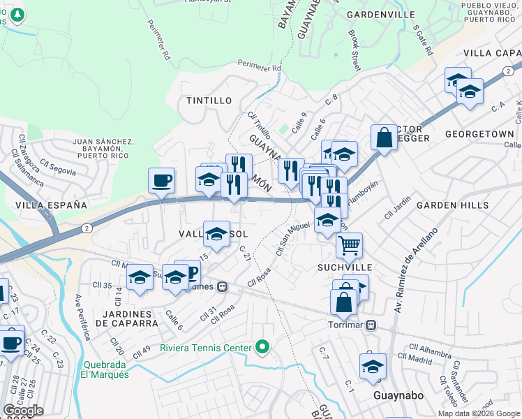 map of restaurants, bars, coffee shops, grocery stores, and more near Calle Marginal in Bayamón