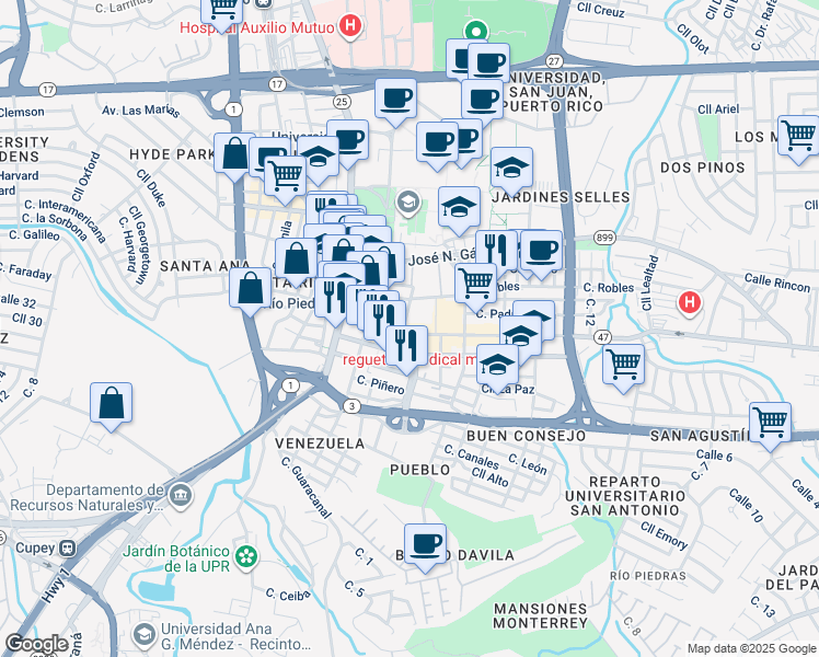 map of restaurants, bars, coffee shops, grocery stores, and more near 105 Calle José de Diego in San Juan